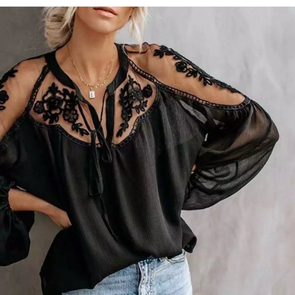NWOT BLACK LACE SHEER TOP BOHO PHEASANT TOP